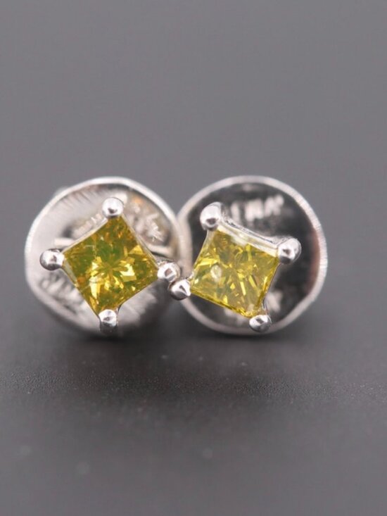 Unbrand Jewelry - 14K WHITE GOLD PRINCESS CUT IRRADIATED YELLOW DIAMOND CLUTCH BACK STUD EARRINGS